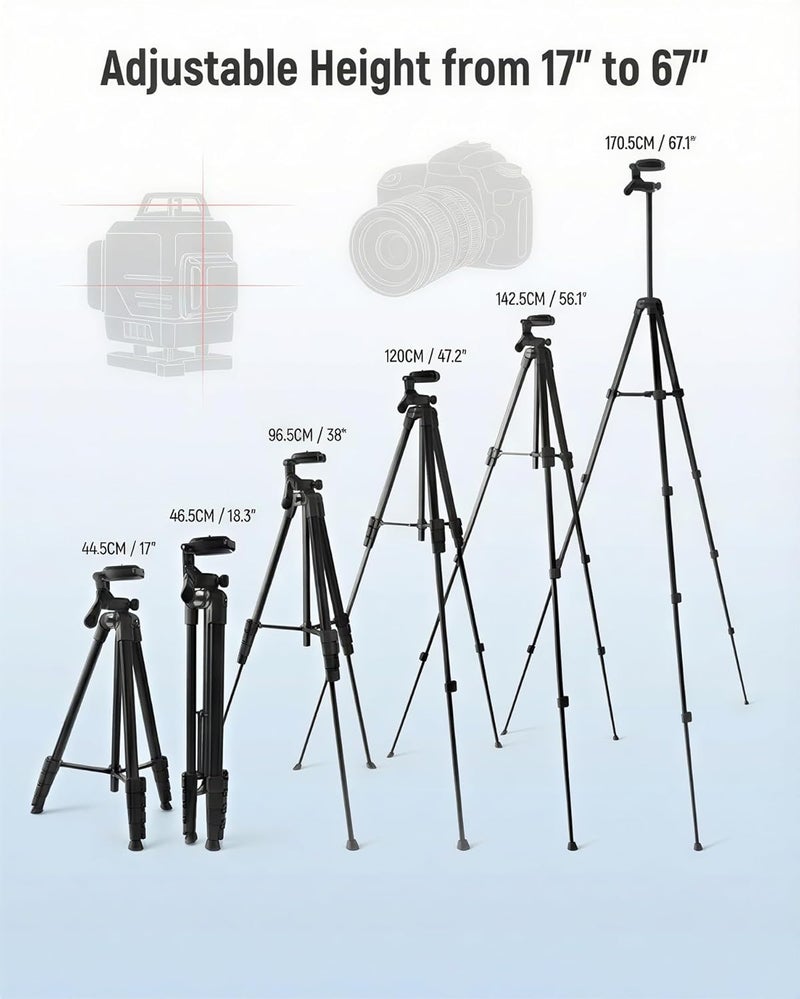 VulcanForge 17"-67" Black Aluminum Tripod for Laser Level, 1.5lb Lightweight, Enhanced 3D Pan Tilt with Bubble Level, Quick Release Plate, Non-Slip Rubber Base - Image 4